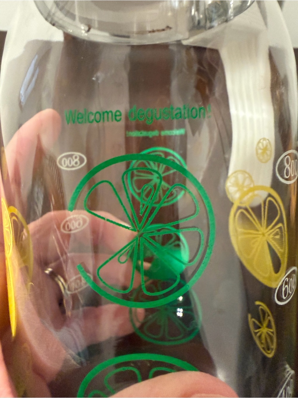 Vintage Pyrex Glass Lemon Lime Pitcher Carafe 1 Quart Welcome Degustation! 9.5" - Picture 2 of 7
